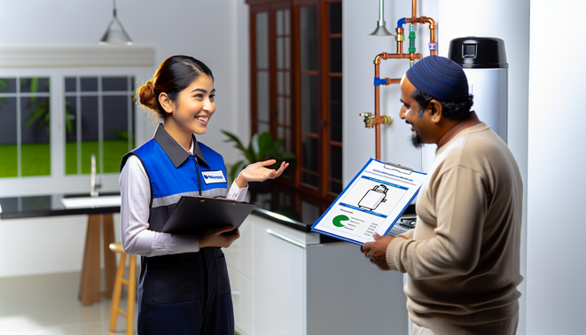 alt_text: A technician discusses tankless water heater installation costs with a homeowner in a modern home.